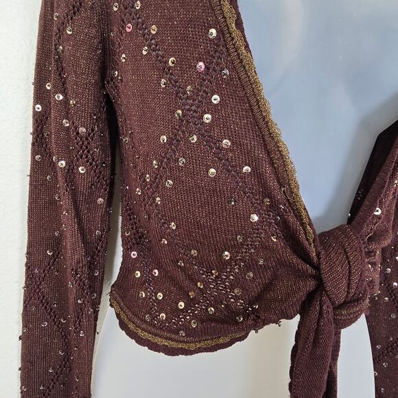 VTG Cache Y2K Shrug Sweater L Brown Gold Sequin Bead Dark Romantic Forest Fairy - Picture 8 of 9